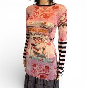 Y2K Euro Vintage Mesh Tunic Portrait Print